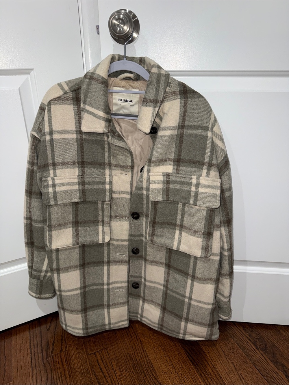 Pull&Bear Olive and Cream Plaid Utility Shacket